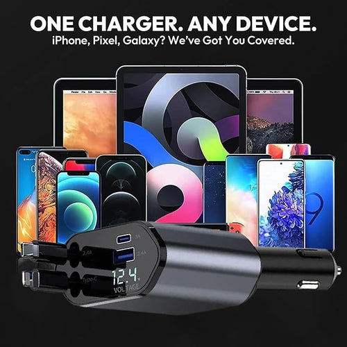 120W Retractable Car Charger 4-in-1 USB-C & Lightning Cable – Fast Charging - Image 2