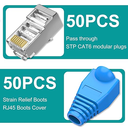 50-Pack Cat 6 Shielded Pass Through RJ45 Connectors + 50Pack RJ45 Strain Relief - Image 4