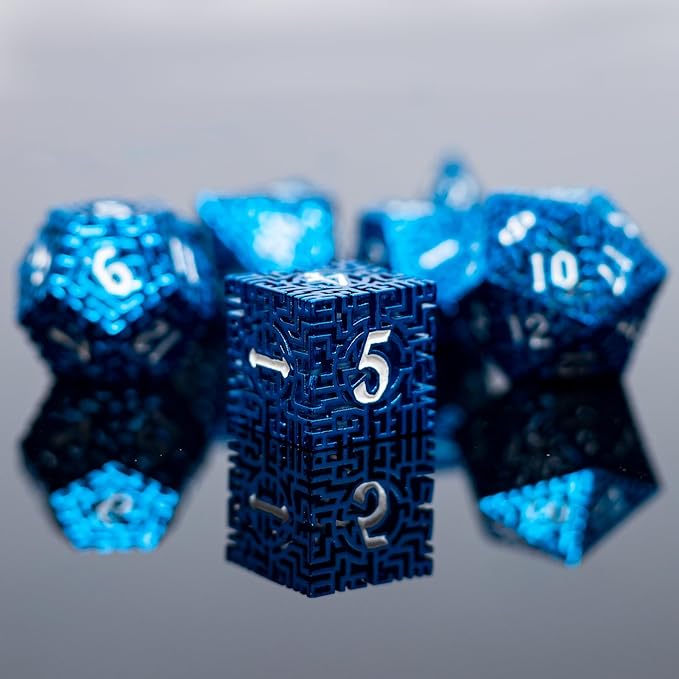 Blue Metal Hollow DND Dice Set Metallic Luster Maze Design - Image 2