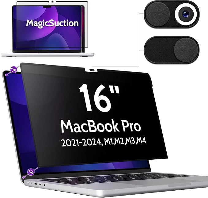 Privacy Screen for MacBook Pro 16 Inch, MagicSuction™ Removable Anti Spy Black by peslv