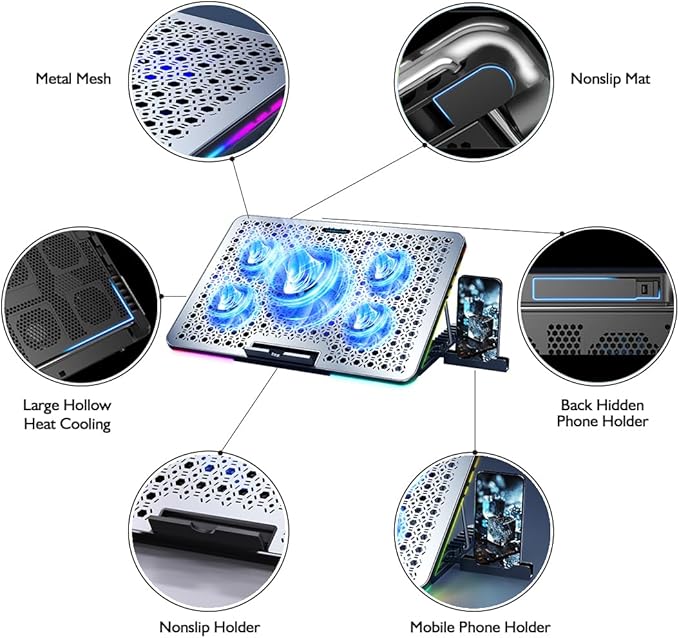 LIANGSTAR Laptop Cooling Pad, Laptop Cooler Gaming 5 Quiet Fans - Image 6