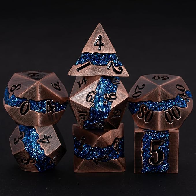 Metal DND Polyhedral Dice, Large Stripe Glitter Metallic Dice Set, Antique - Image 2