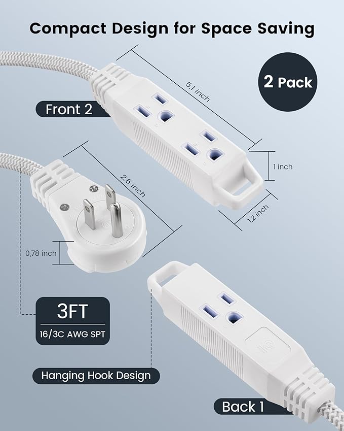 SURAIELEC Flat Extension Cord 3FT, 360° Rotating Flat Plug Extension Cord - Image 7