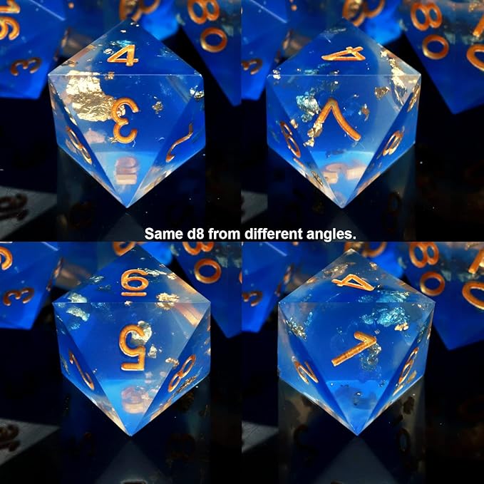 Haxtec Blue DND Dice Set Sharp Edge Resin Dice Gold Flakes - Image 4