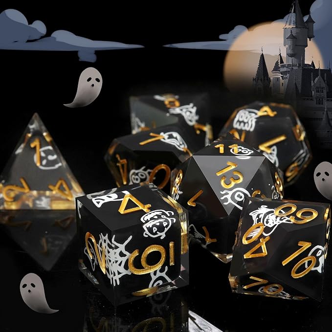 Haxtec Sticker Sharp Edge Dice Halloween Dice Resin DND Dice Set 7PCS Glow in - Image 2
