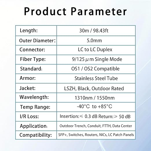 30M/100FT LC to LC Armored Outdoor Fiber Optic Cable, Single Mode Duplex - Image 6