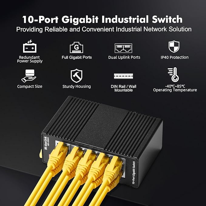 MokerLink 10 Port Gigabit Industrial DIN-Rail Ethernet Switch, Unmanaged IP40 - Image 2