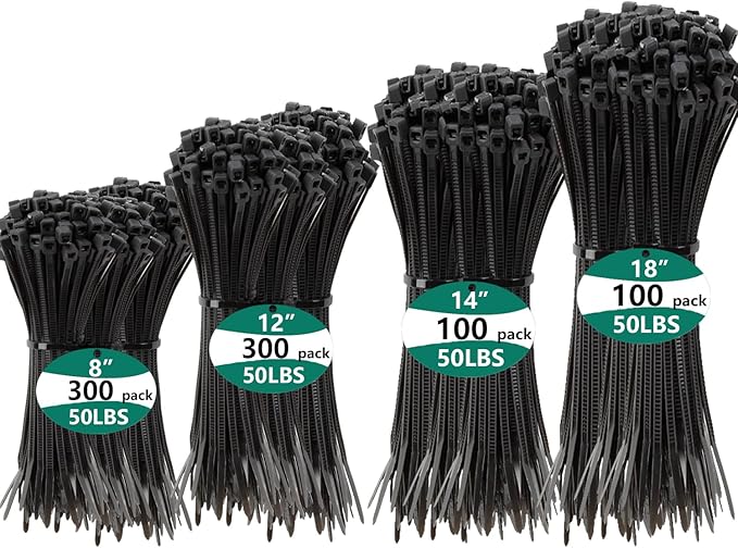 800 PCS Black Zip Ties Assorted Sizes 8+12+14+18 Inch Self-locking Nylon Cable by MasiStranth