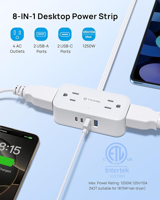 TROND 360° Rotating Flat Plug Power Strip, 10FT Extension Cord - Image 3