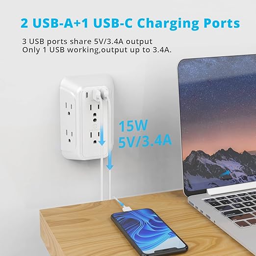 Wall Charger, Surge Protector, 6 Outlet Extender - Image 3