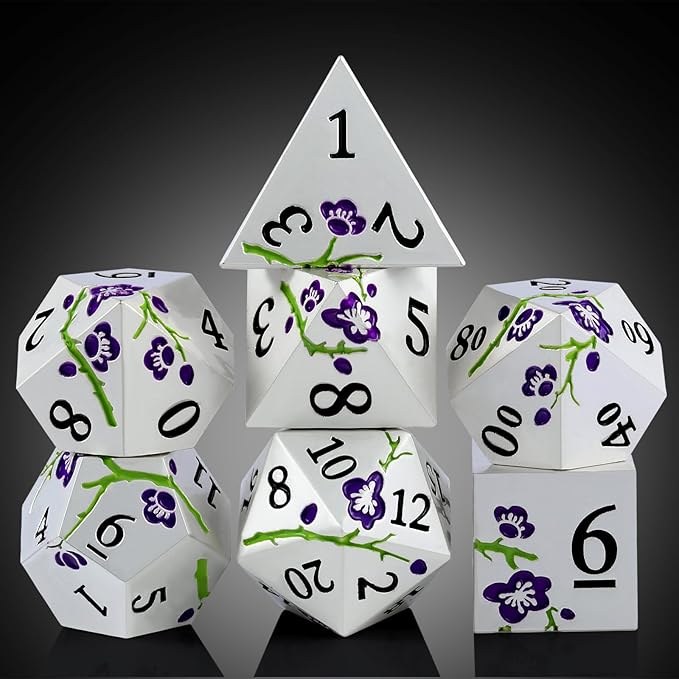 Flower Silver Metal Dice, DNDND 7 PCS Heavy Metallic D&D Dice Set - Image 7