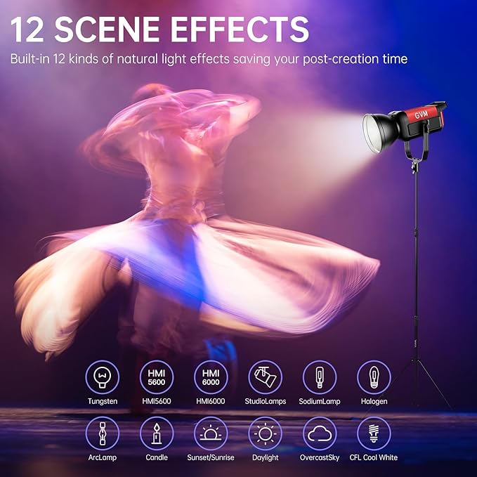 GVM 300C RGB Video Light, 300W Studio Light 2000K-10000K, 200 Lux@ 1m - Image 8