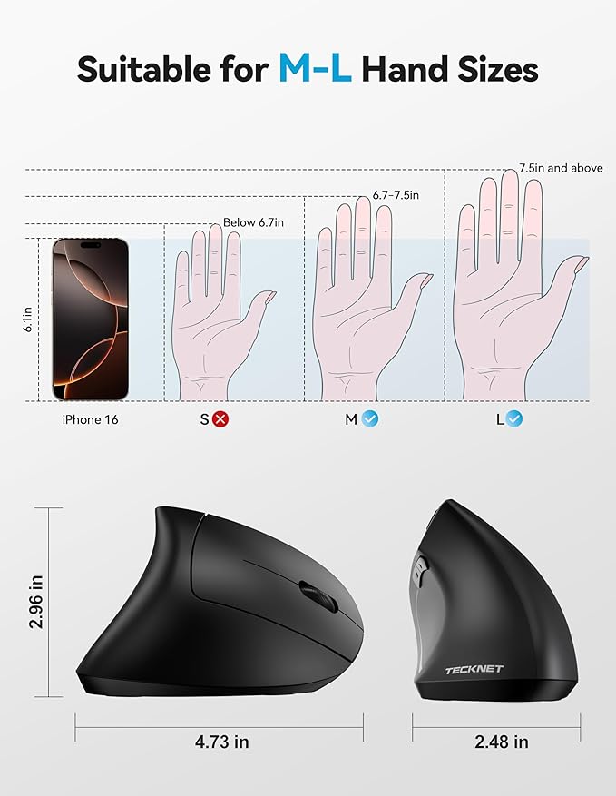 TECKNET Ergonomic Mouse, Rechargeable 2.4G+Bluetooth Vertical Mice 6 DPI - Image 5