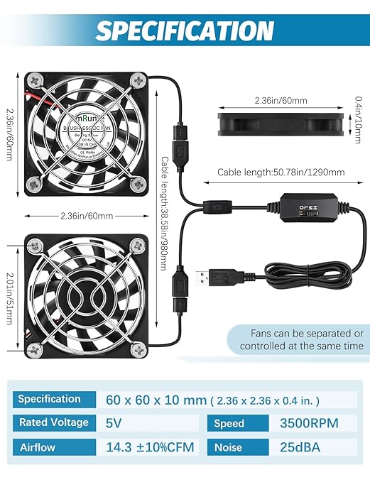 2 Packs USB Cooling Fan 60mm x 15mm 5V Brushless DC Fans Variable Speed - Image 4