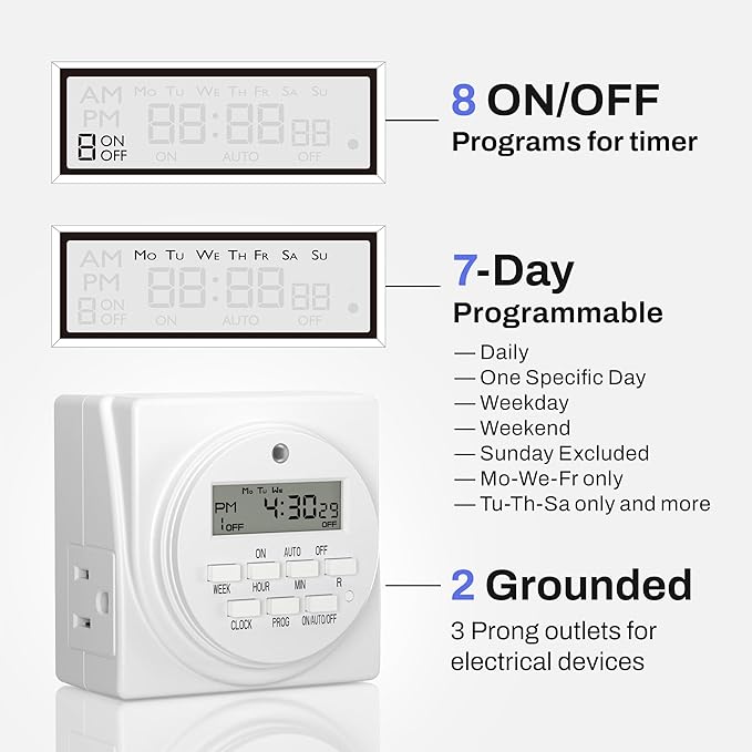 BN-LINK 7-Day Heavy Duty Digital Programmable Timer, Dual Outlet forLight - Image 3
