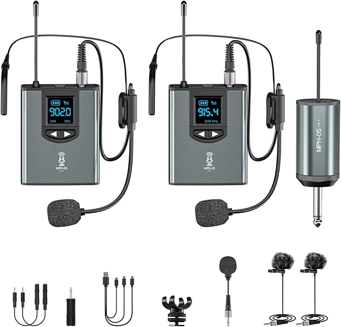Wireless Microphone System Dual Transmitters Receiver Lavalier/Headset Mic Set - Image 8