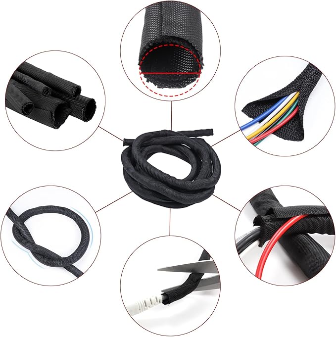 Black Braided Cable Management Sleeves Wire Loom Tubing Cord Protector - Image 7