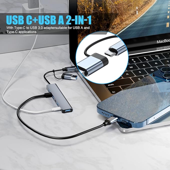 Aluminum 7 in 1 USB C Hub with USB 3.0, 7 Ports with 2* USB-C and 5* USB-A - Image 2
