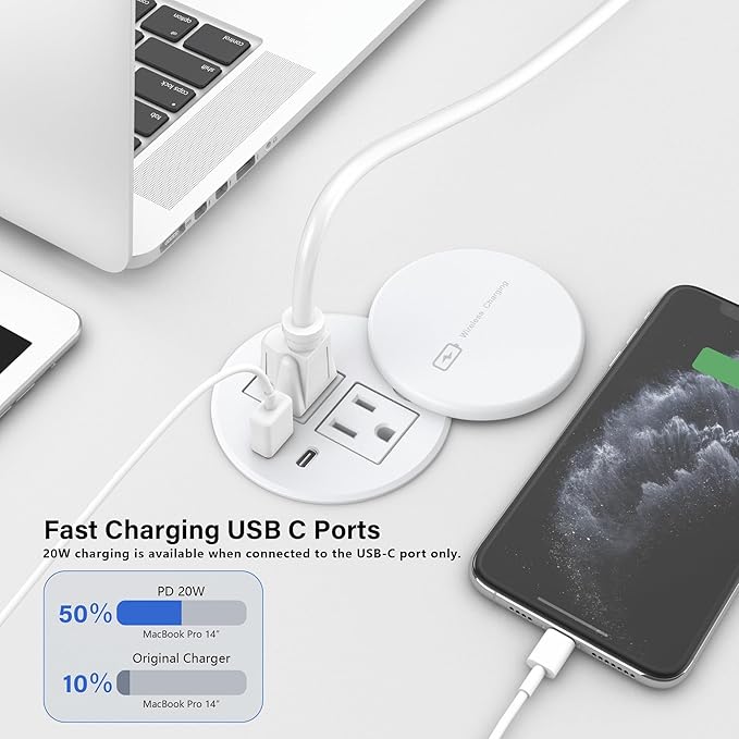 Recessed Power Grommet 3-inch Hole, 15W Wireless Charger, 20W USB C Fast - Image 4