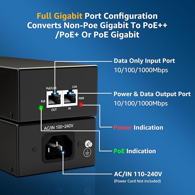 YuanLey Gigabit PoE Injector 90W, 10/100/1000Mbps PoE++ Injector Adapter - Image 3