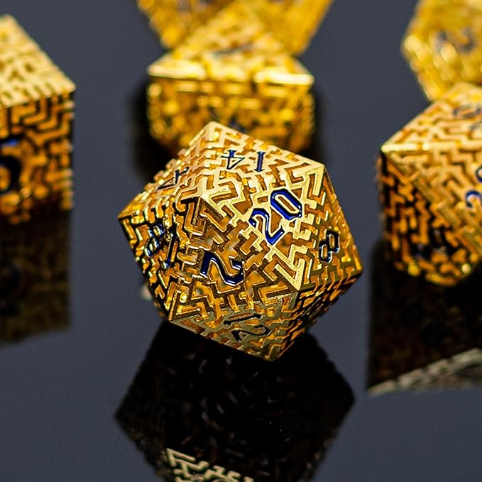 Golden Metal Hollow DND Dice Set Metallic Luster Maze Design - Image 4
