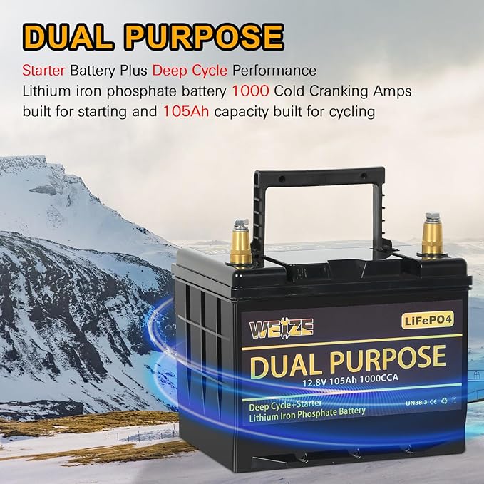 WEIZE 12V 105AH Dual Purpose LiFePO4 Lithium Battery, 1000CCA Group 31 Group 27 - Image 2