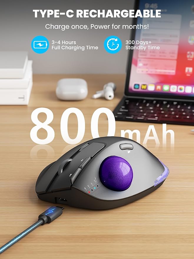 Wireless Trackball Mouse, Ergonomic Bluetooth Rechargeable Computer Mouse - Image 6