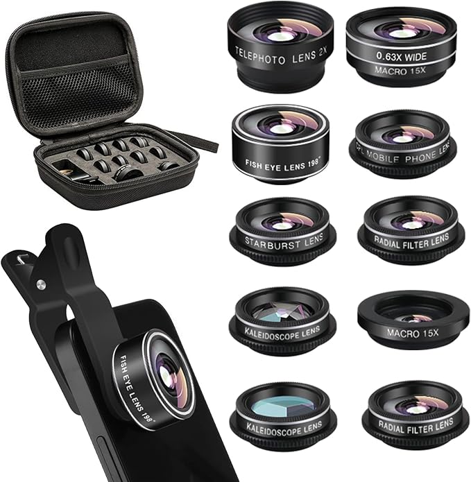 Cell Phone Camera Lens Kit, 11 in 1 Super Wide Angle+ Macro+ Fisheye Lens by Godefa