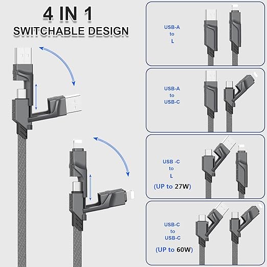 2Pack 6FT 4 in 1 USB C Cable for Lightning, 60W Fast Charging, Flat Braided - Image 3