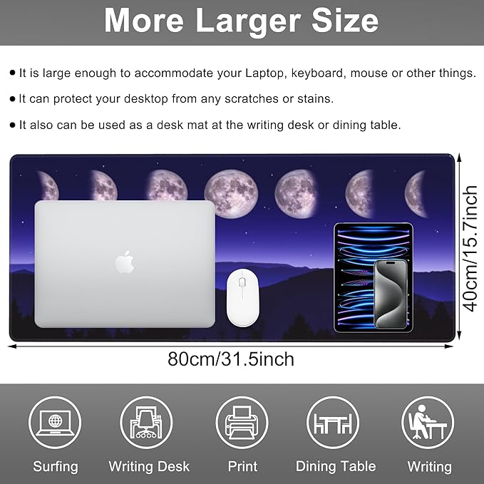 Mouse Pad, Large Moon Phases and Mountain Forest Desk Mat, Extended Non-Slip - Image 2