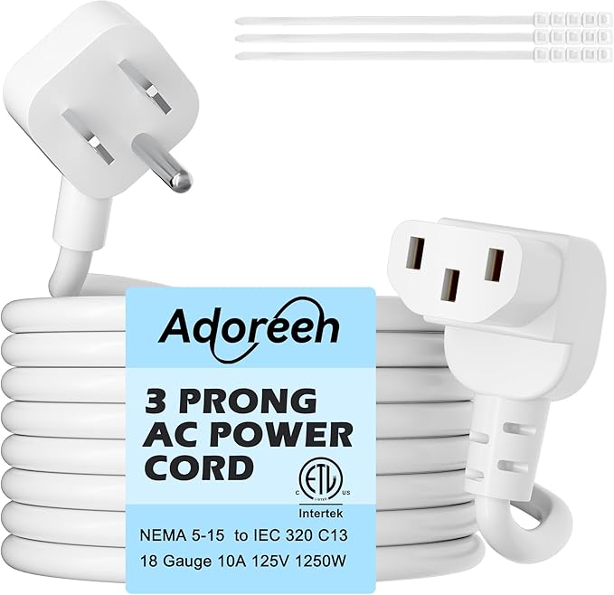 Adoreen 15 Ft Computer TV Replacement Power Cord White, Low Profile Flat Plug by Adoreen