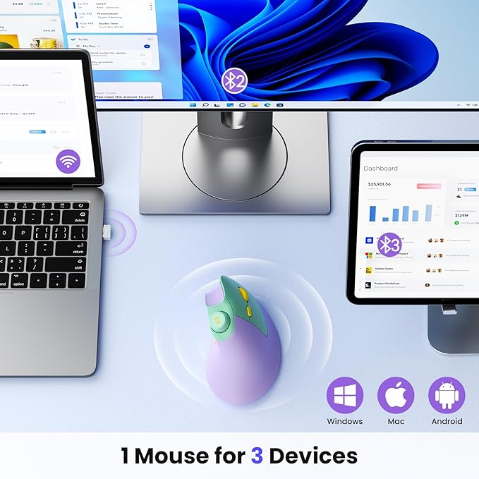 seenda Ergonomic Mouse Rechargeable, USB+Dual Bluetooth, MOU-302 Vertical - Image 2