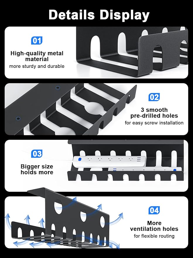 Delamu 2 Pack Metal Under Desk Cable Management Tray, U-Channel Cord Organizer - Image 6