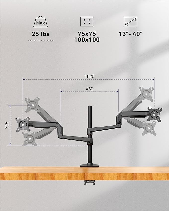 Quad Monitor Mount, Holds Screens up to 40 Inches and 25 lbs, Fully Adjustable - Image 2