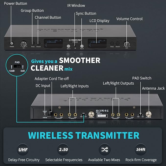 Phenyx Pro in Ear Monitor for Musicians, UHF Wireless in-Ear Monitors System - Image 2