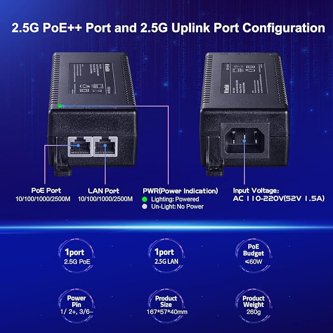 MokerLink 2.5 Gigabit PoE Injector, 802.3af/at/bt 60W, 2.5G/1G/100M Ethernet - Image 4