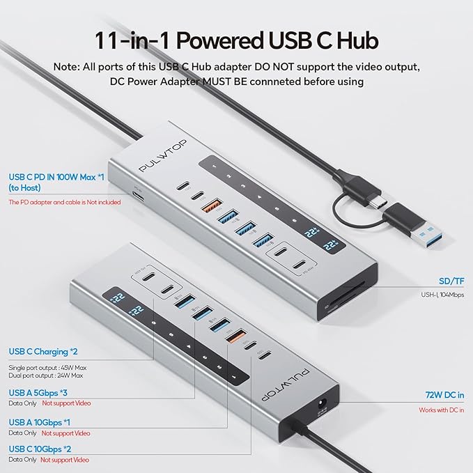 Powered USB C Hub, PULWTOP 11-in-1 USB Hub - Image 2