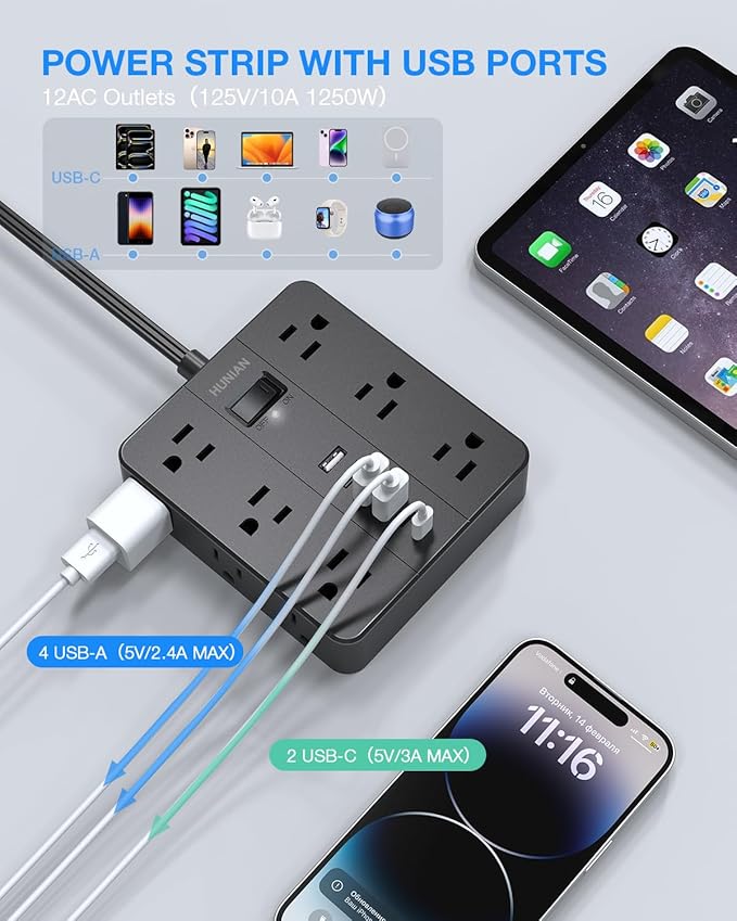 Extension Cord 25 Ft, HUNIAN Flat Plug Power Strip Surge Protector, 12 Widely - Image 4
