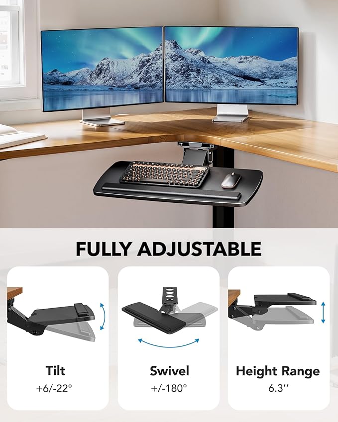 HUANUO Keyboard Tray Under Desk, 360 Adjustable Under Desk Keyboard Tray Slide - Image 3