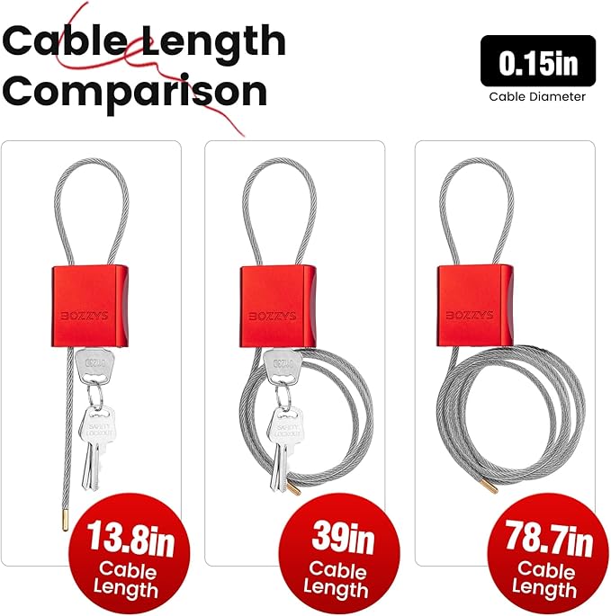 Cable Padlock with 3 Keys | L 1.15ft, D 1/6in Adjustable Steel Cable Lock | - Image 8