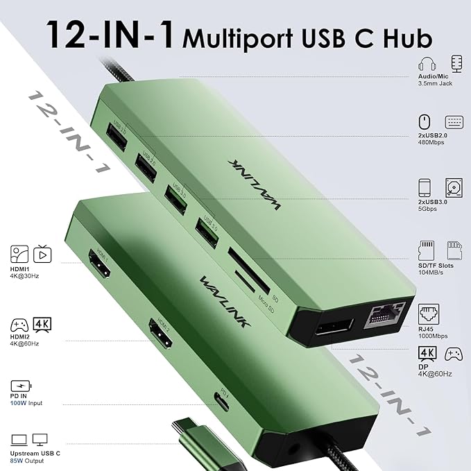 WAVLINK USB C Docking Station Dual Monitor, USB Type C Hub Triple Display - Image 2