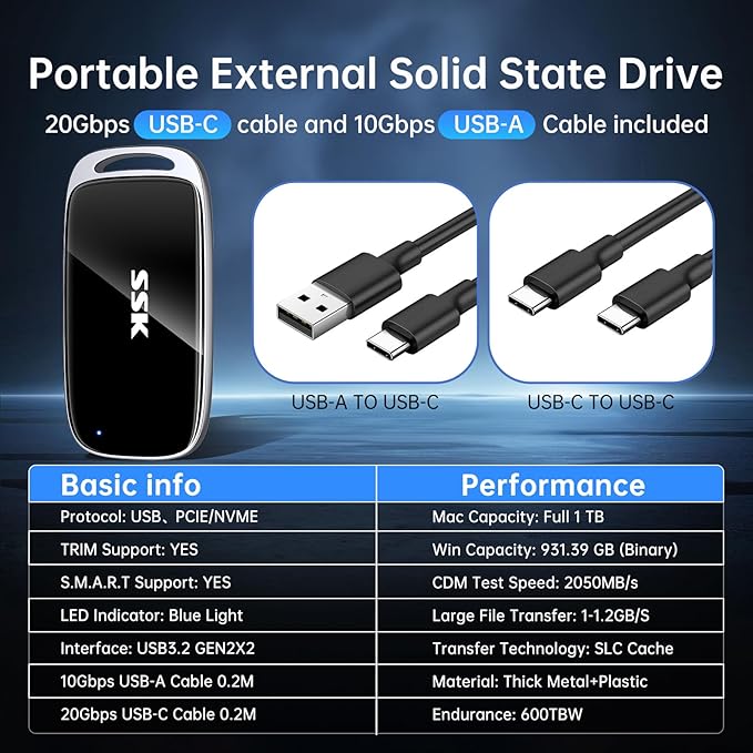 SSK 1TB SSD External Hard Drive, Portable SSD Drive up to 2000 MB/s, USB 3.2 - Image 8