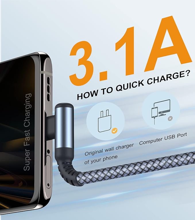 sweguard USB Type C Charger Cable Right Angle iPhone 16 Charger Nylon Braided - Image 2