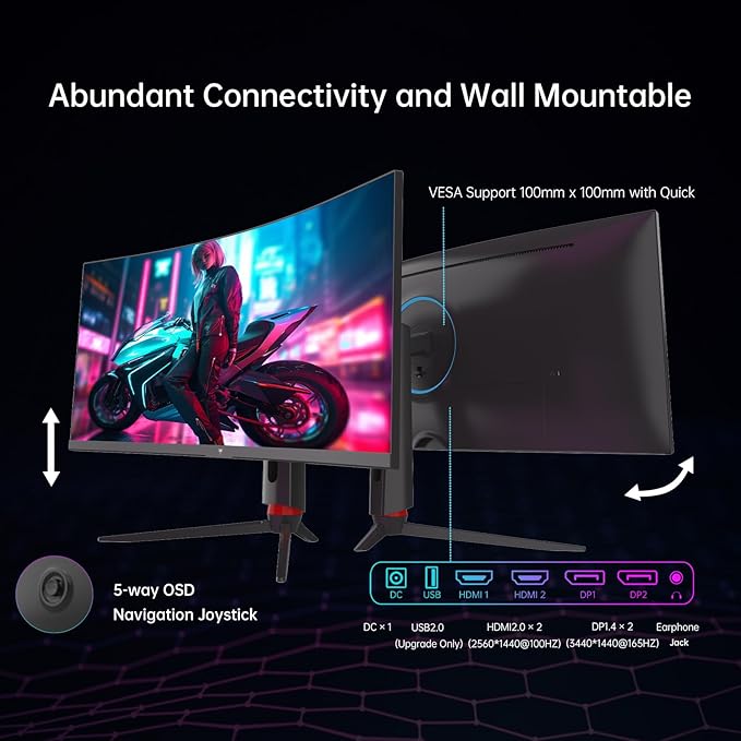 KTC 34 Inch Curved Ultrawide Gaming Monitor, 3440x1440p 165Hz 1ms, 1500R Curved - Image 6