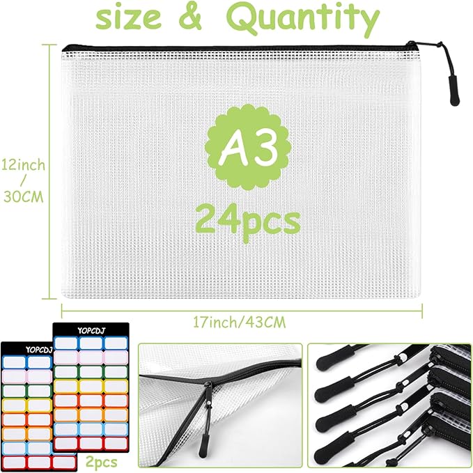 24pcs Mesh Zipper Pouches, A3 Size Waterproof Black Zipper Bags, - Image 2