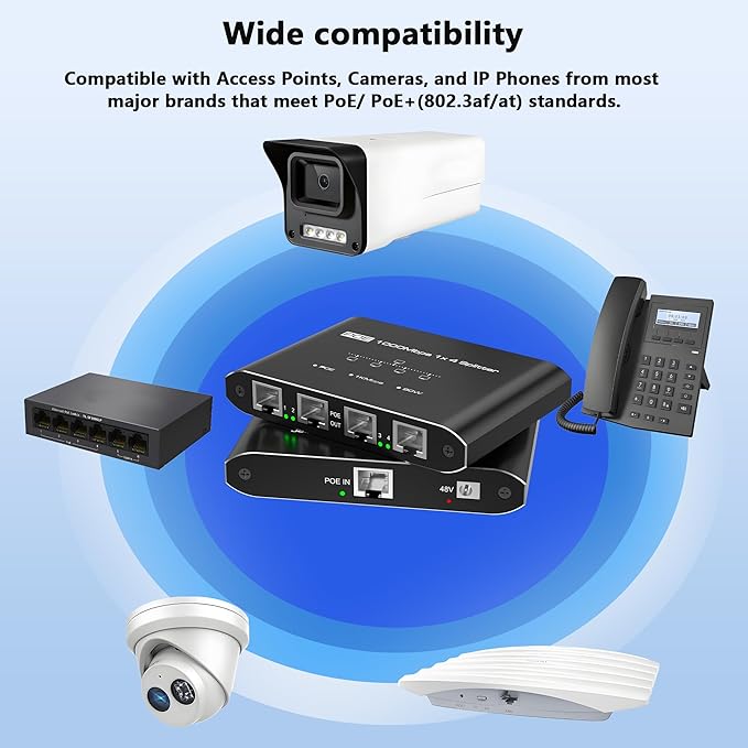 PoE Switch 1 in 4 Out, 4 Port Gigabit PoE Splitter, IEEE 802.3at/af Compliant - Image 9