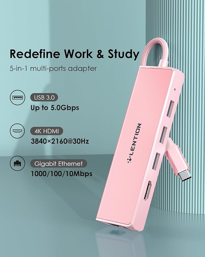 LENTION USB C Hub with 1000Mbps Ethernet Adapter, 4K HDMI, 3 USB 3.0 Port - Image 2