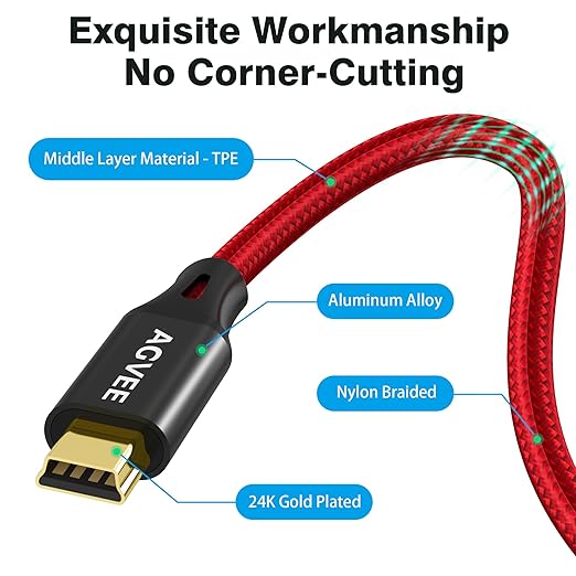 AGVEE 6.6ft Mini USB Cable, Braided Durable USB-A to Mini-B Charger Charging - Image 7