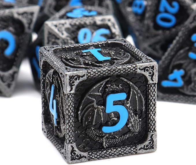 Haxtec Metal DND Dice Set Black Blue Dragon D&D Dice Set by HaxtecDice