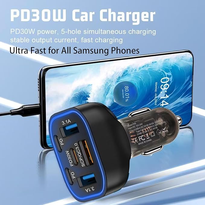 6 in 1 Multi Port USB C Car Charger Adapter PD 30W 6 Ports Super Fast Charging - Image 6